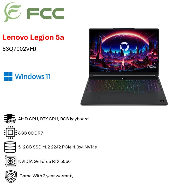 Lenovo Legion 5 15AHP11 ( AMD Ryzen 7 250 | 16GB RAM | 512GB SSD| 15.3 WQXGA OLED| 1 Years| NVIDIA GeForce RTX 5050 8GB GDDR7)