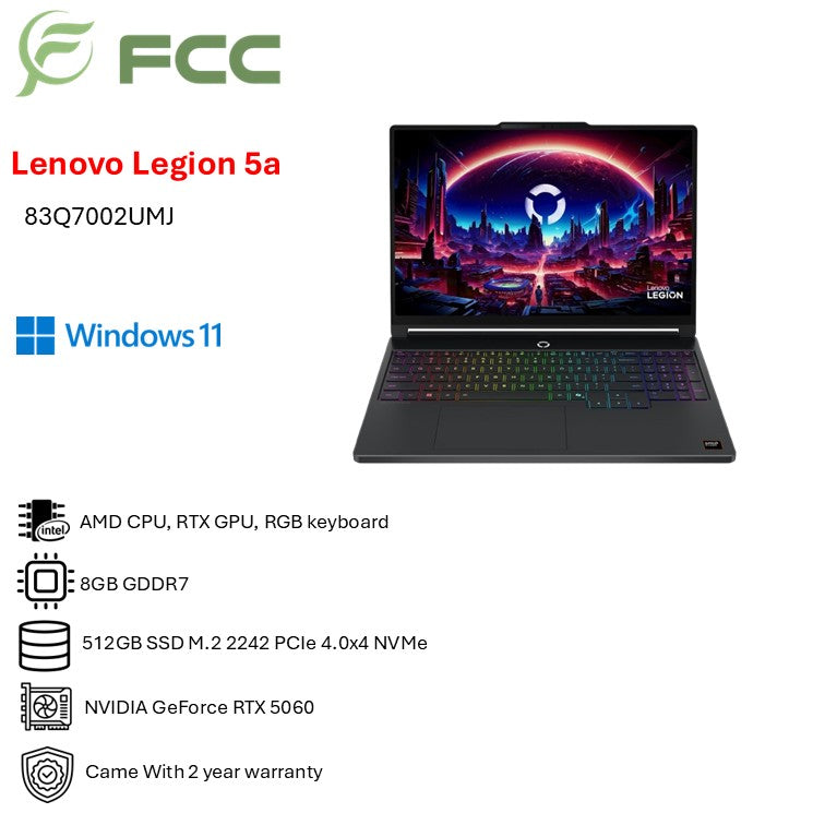 Lenovo Legion 5 15AHP11 ( AMD Ryzen 7 250 | 16GB RAM | 512GB SSD| 15.3 WQXGA OLED| 1 Years| NVIDIA GeForce RTX 5060 8GB GDDR7)