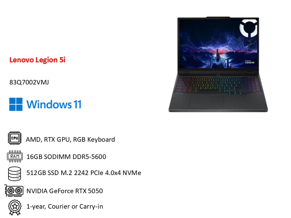 Lenovo Legion 5 15AHP11 ( AMD Ryzen 7 250 | 16GB RAM | 512GB SSD| 15.3 WQXGA OLED| 1 Years| NVIDIA GeForce RTX 5050 8GB GDDR7)