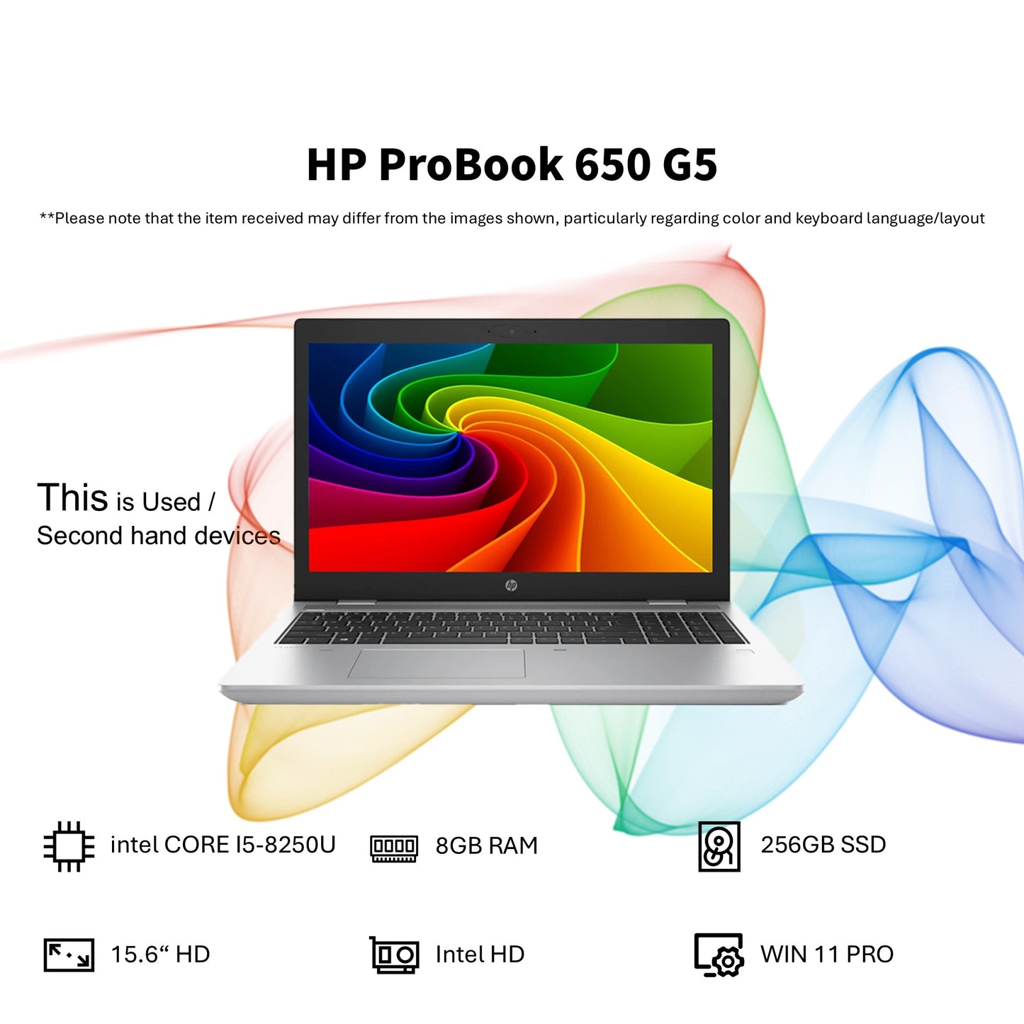 HP 650 G5 (INTEL CORE I5-8250U 8TH/8GB RAM/256GB SSD/DVDRW/15.6" HD/WIN 11 PRO)