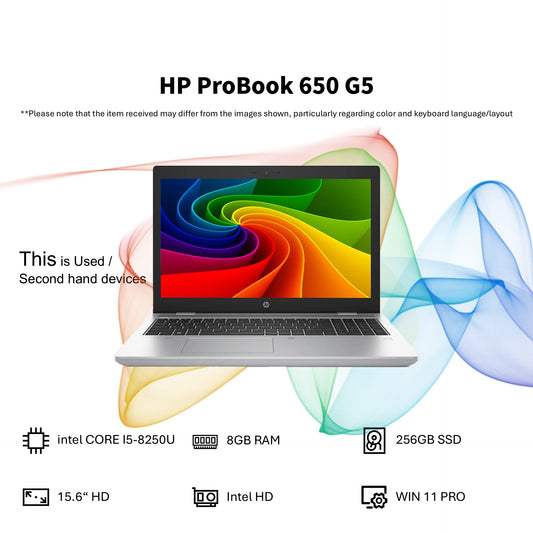 HP 650 G5 (INTEL CORE I5-8250U 8TH/8GB RAM/256GB SSD/DVDRW/15.6" HD/WIN 11 PRO)
