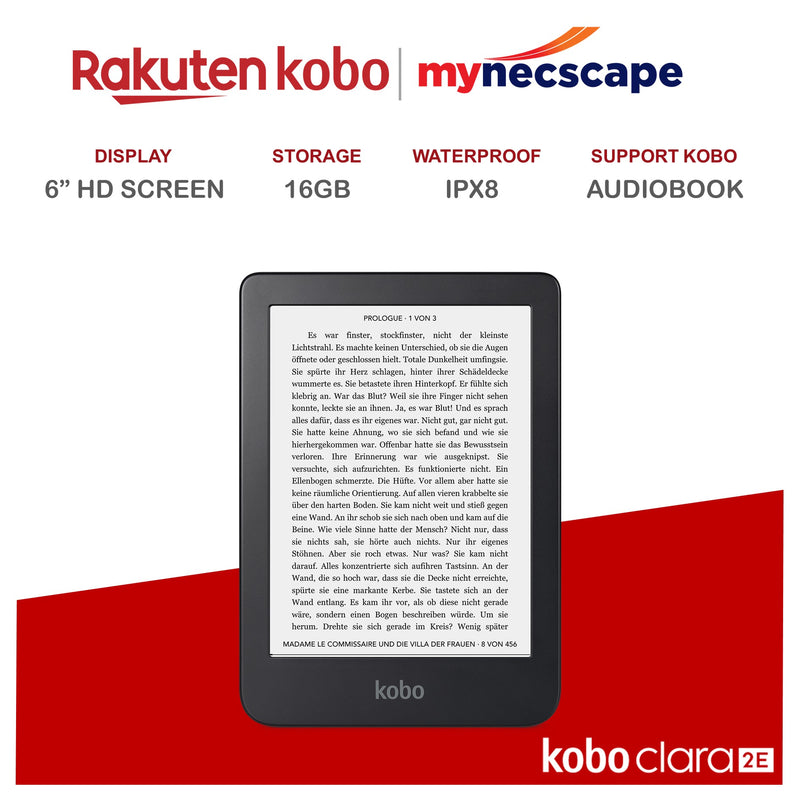  Kobo Clara 2E, eReader, Glare-Free 6” HD Touchscreen, ComfortLight PRO Blue Light Reduction, Adjustable Brightness, WiFi, 16GB  of Storage, Carta E Ink Technology