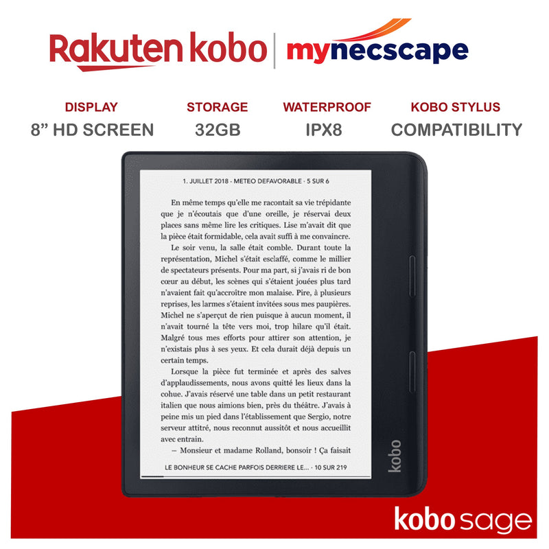  Kobo Sage, eReader, 8” HD Glare Free Touchscreen, Waterproof, Adjustable Brightness and Color Temperature, Blue Light Reduction, Bluetooth, WiFi, 32GB of Storage