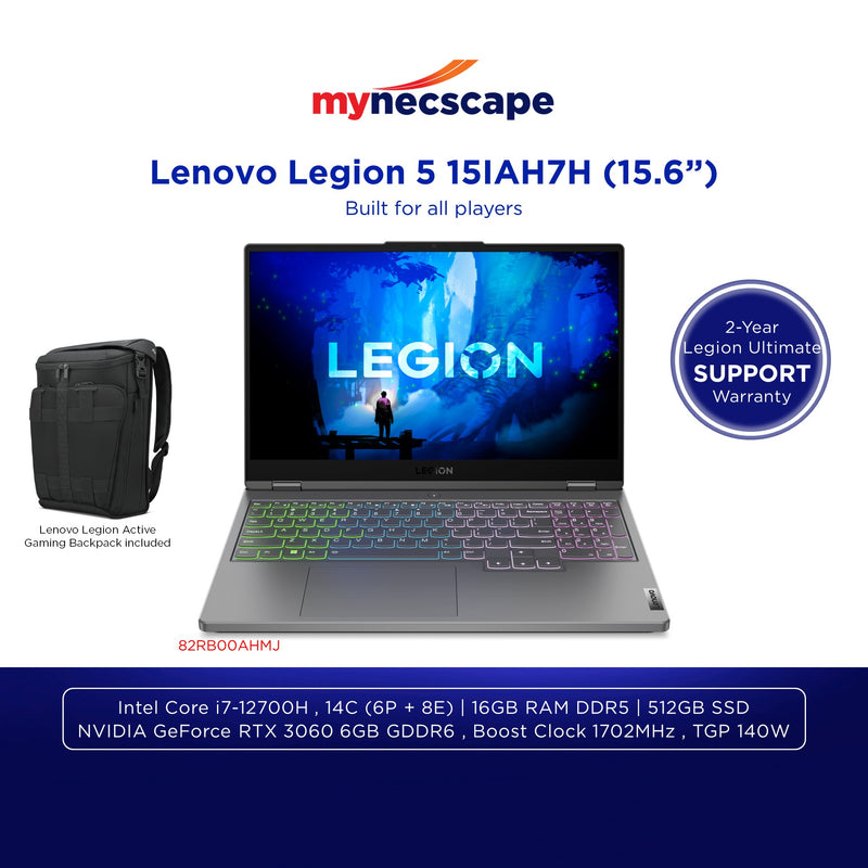 Lenovo Legion 5 15IAH7H 5i Gen 7 Intel Core i7-12700H 12th Gen 16GB DDR5 512GB SSD NVIDIA GeForce RTX 3060 6GB GDDR6 TGP 140W